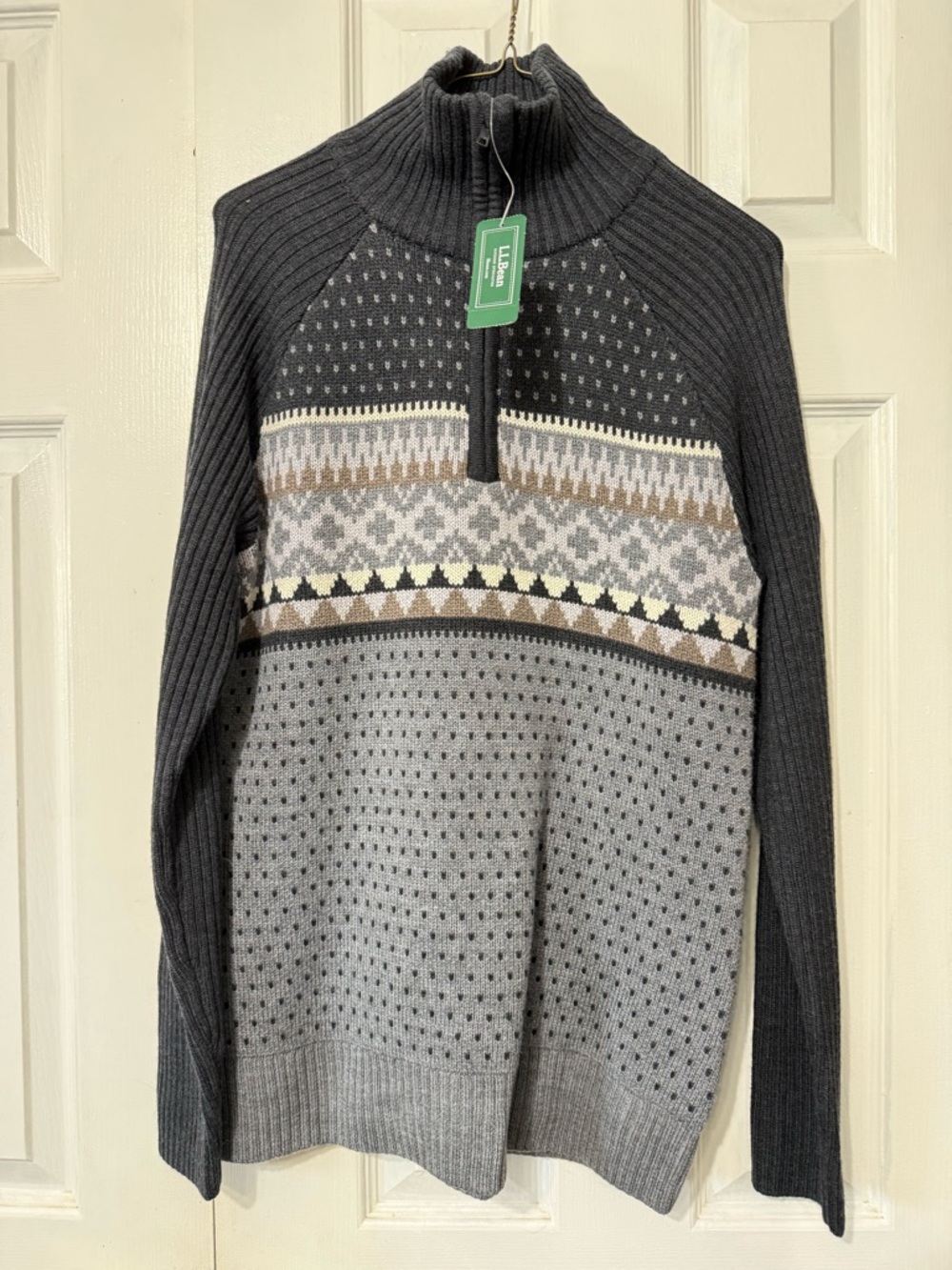 L.L. Bean Charcoal, Gray and Brown Fair Isle Half-Zip Mock Neck Sweater